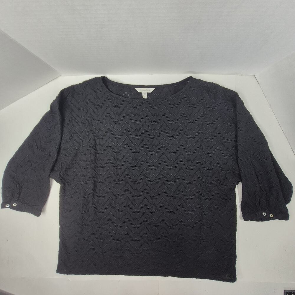 Garnet Hill Women's 3/4 Sleeve Sweater Black 100% Viscose Cable Zig Zag Knit